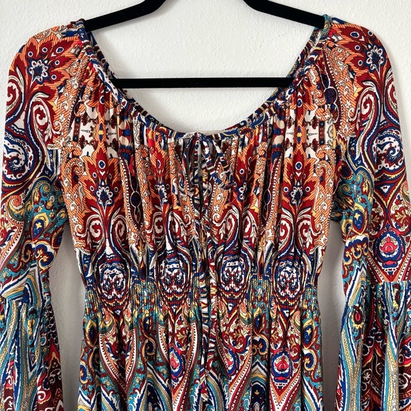 Womens Boston Proper Off-Shoulder Boho Paisley Bell Sleeve Mini Dress Size 4 - Picture 4 of 7